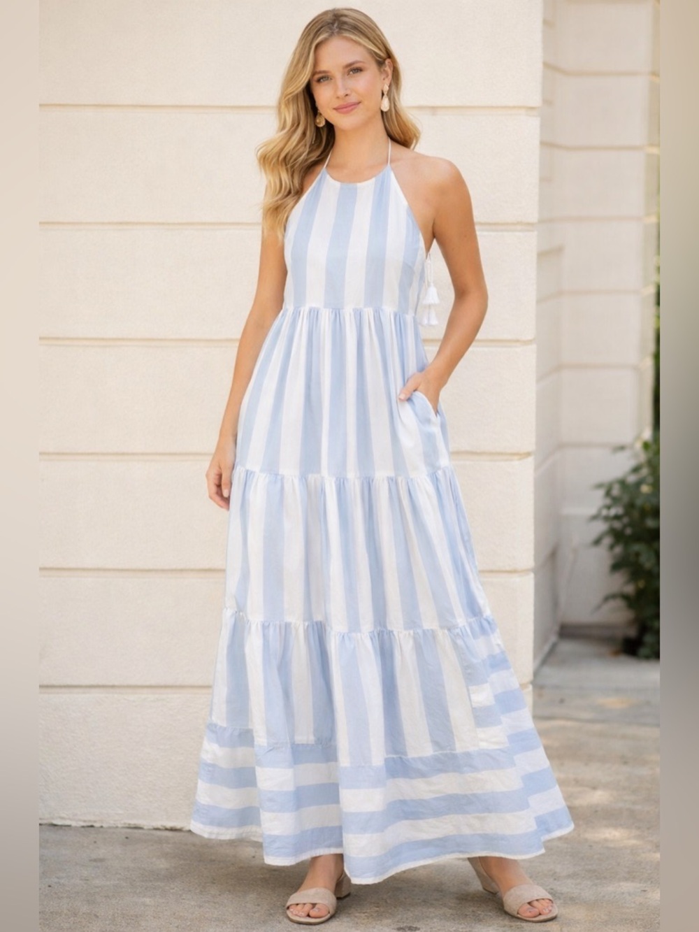 Crown & Ivy Blue White Striped Halter Maxi Dress Pockets Size L